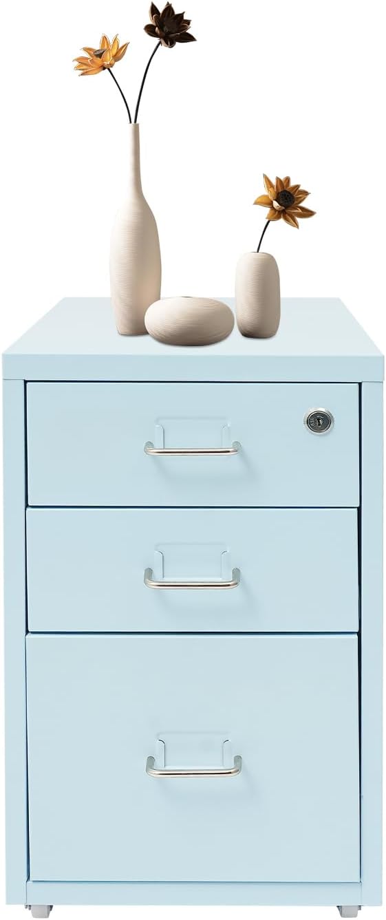 3-Drawer Vertical File Cabinet, 11*16*18.3in Rolling File Cabinet, Mobile Organizer Storage Cabinet with Lock, Office Filing Storage Cabinet Under Desk fits A4 Size, for Home Office (Blue)