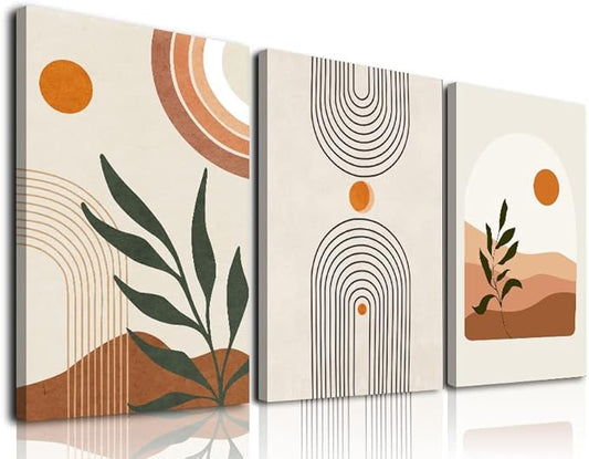 Boho Wall Art Set of 3, MidCentury Modern Wall Prints Framed Canvas Paintings Minimalist Abstract Geometric Beige Orange Moon Plant Desert Nature Illustrations Artwork, Boho Wall Decor Ready To Hang