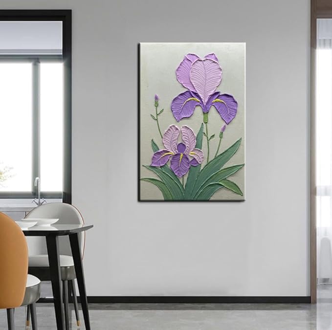 YaSheng Art- Handmade Modern Wall Art Oil Paintings , 3D Textured Wall Art Purple Iris Floral Original Artwork Painting, Modern Minimalist Abstract Wall Art painting, Wall Art for living room Bedroom Wall Deco Home, Framed Wall Art Pictures 36X24 Inch