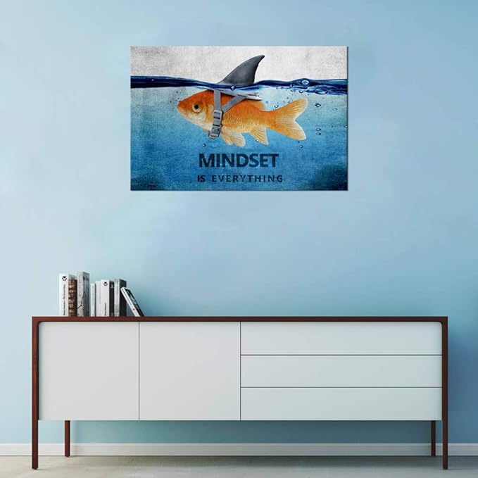 Modern Inspirational Canvas Wall Art Mindset Is Everything Goldfish Painting Artwork Motivational Quotes Office Wall Decor Entrepreneur Posters Ready to Hang for Home Decor - 12''Hx16''W