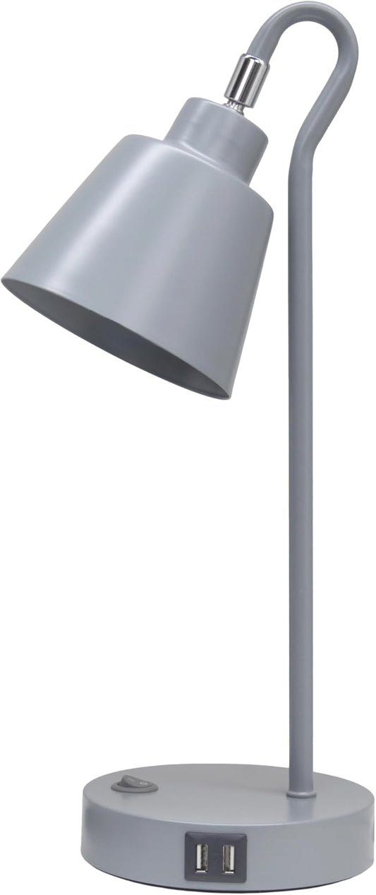 Simple Designs LD1073-GRY 16" Sleek Essentials Metal Looped Desk Task Lamp with Adjustable Shade and Dual USB Ports, for Office, Desk, Nightstand, Gray