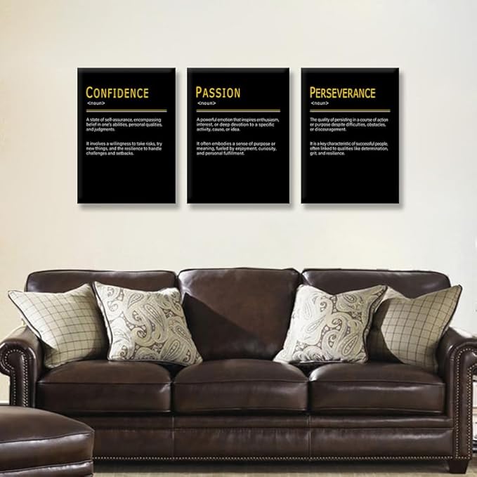 WYJDFART Inspirational Quotes Canvas Poster PASSION CONFIDENCE PERSEVERANCE Noun Pursue Goals Motivational Wall Art for Office Home Bedroom Workplace Framed Ready to Hang [60''Wx 28''H]