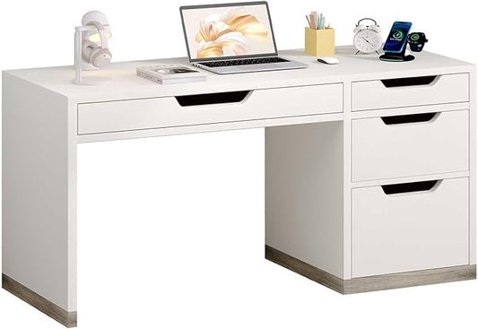 52 Inch White Desk with 4 Drawers, Computer Desk with Storage for Small Spaces with Storage File Drawer, Small Home Office Desk with Drawers for Bedroom