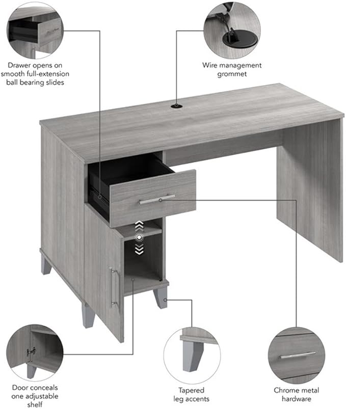 Bush Home Somerset 54W Office Desk with Drawer and Cabinet in Platinum Gray, Computer Table with Storage for Home Office Workspace