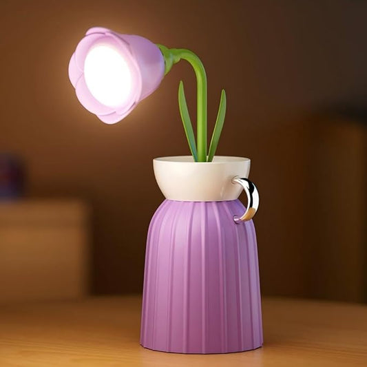 Rose Flower Desk Lamp - Infinite Dimming, Trichromatic Temperature, Rechargeable, Brightness Memory - Creative Decorative Ornaments with Adjustable Flowers (Purple)