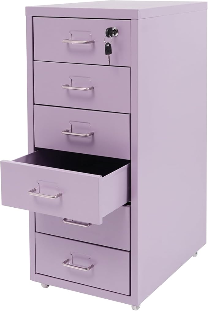 Vertical File Cabinets, 6 Tier Metal File Cabinet with Lock, Multi Drawer Cabinet for Home Office, Assembly Required (Purple)