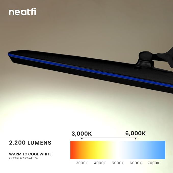 Neatfi XL 2,200 Lumens 20W LED Task Lamp – 23” Ultra-Wide Head | 182 SMD LEDs | 4 Brightness Levels | 3 Light Modes | Eye-Caring, Glare-Free | Adjustable Arm (Black, CCT with Clamp)