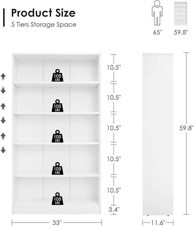 Farini White Bookshelf for Bedroom 5 Shelf Office Bookcase 60 Inches Tall Modern Wood Bookshelf for Living Room 5 Tier Wide Manga Bookshelf Library Bookcase