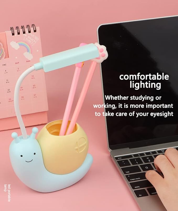 Cute Kids Lamp with Pen Holder,LED Desk Lamp for Child,Snail Shape USB Charging Student Learning Eye Protection Lamp with 360° Bendable Adjustable Neck Yellow