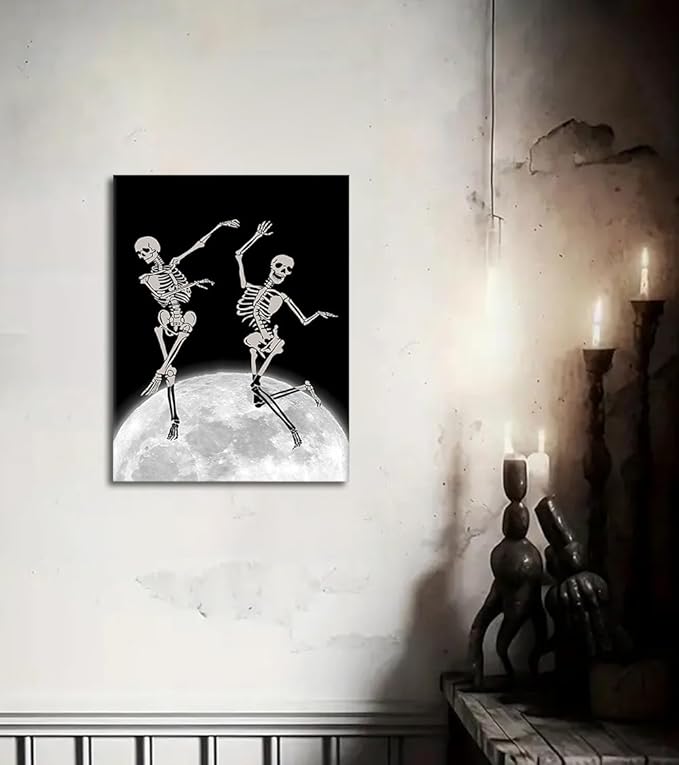 Skeleton Wall Art - Funny Two Skeletons Dancing on Moon Prints Poster Modern Black White Canvas Painting Dark Humor Gothic Wall Decor for Bedroom Living Room Bathroom Home Office, Framed 18"x24"
