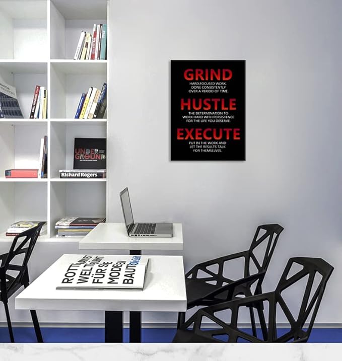 MotivationalCanvas Wall Art Grind Hustle Execute Painting Office Decor Posters Prints Inspirational Entrepreneur Quotes Picture for Wall Decor Living room Gym Framed Ready to Hang[18" W x 24" H]
