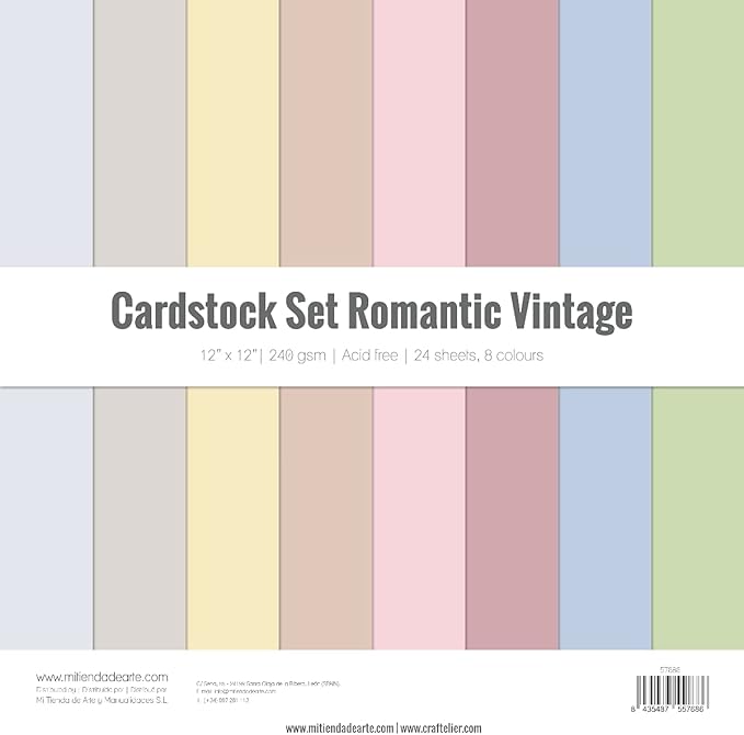 Craftelier - Cardstock Set Romantic Vintage | Pack of 24 Double Sided Cardstock for Card Making, Scrapbooking and Craft Projects | Weight 240 grams | Size 30,48 cm x 30,48 cm (12" x 12")