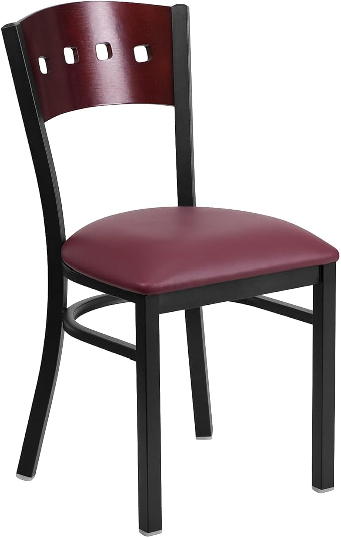 Flash Furniture 2 Pk. HERCULES Series Black 4 Square Back Metal Restaurant Chair - Mahogany Wood Back, Burgundy Vinyl Seat