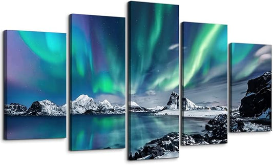 Large Canvas Wall Art Set - Blue Aurora Scenery Paintings for Living Room, Bedroom & Office - Modern Canvas Art Prints Ready to Hang - 5 Piece Set
