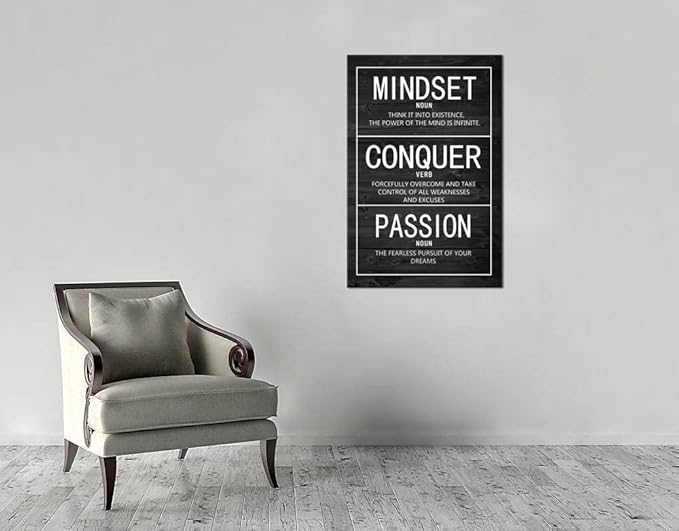 Inspirational Poster Passion Mindset Conquer Motivational Canvas Wall Art Paintings Inspiration Artwork Living Room Office Prints Wall Decor Decoration Wooden Framed Ready to Hang [24''Wx 36''H]