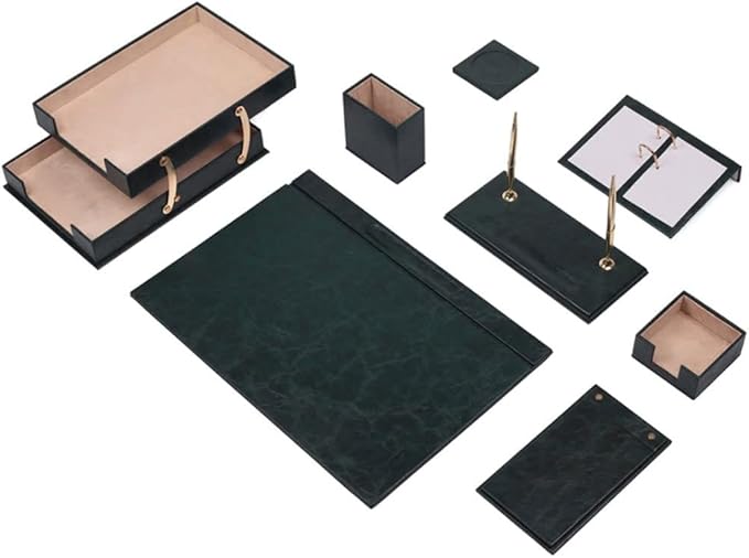 Leather 10 Pieces Desk Set with Double Document Tray Desk Organizer Office Accessories Desk Accessories Office Desk Pad Pen Box (E)