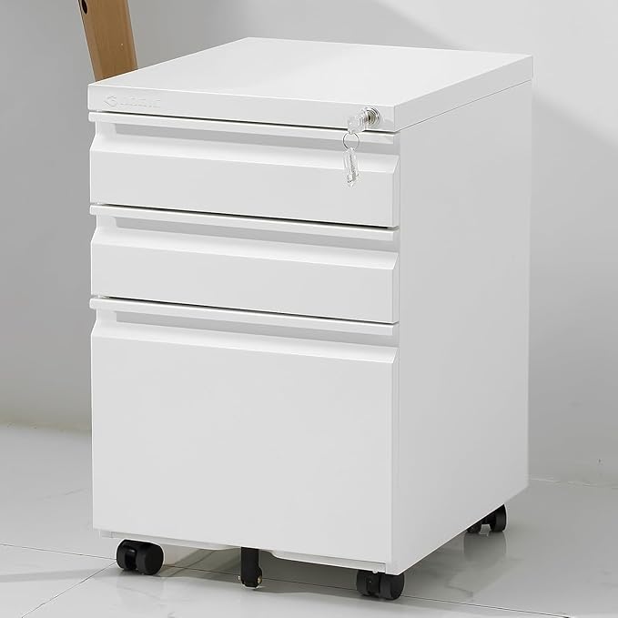 3-Drawer Mobile File Cabinets, Rolling Metal Vertical Filing Cabinet for Legal & Letter File Anti-tilt Design with Lock Fully Assembled Except Wheel, White