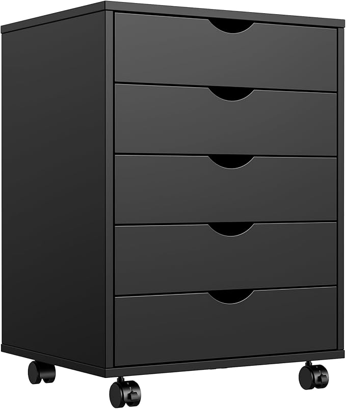NEWBULIG 5 Drawers File Cabinet Under Desk Storage with Wheels Small Rolling Office Filing Cabinets Chest of Dawers for Home Office Black