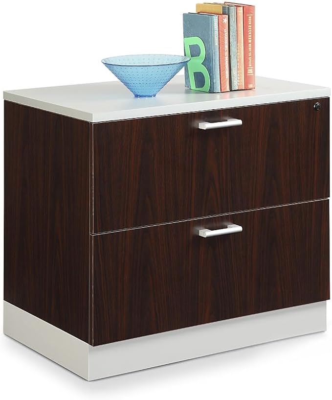 nbf signature series Esquire 31.5" W Two Drawer Lateral File Mahogany Laminate/Silver Laminate Kickplate and Hardware
