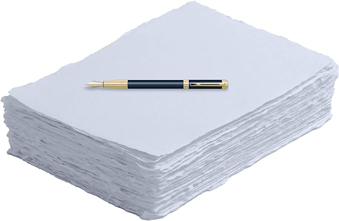 Handmade White Deckle Edge Blank Paper - 4x6 Inch Package of 50 - Mixed Media Loose Leaf Paper for Postcards, Invitations, Crafts and Announcements - Thick 150 GSM
