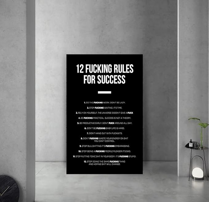 Motivational Wall Art 12 Fucking Rules for Office Wall Decor Inspirational Quotes Poster Success Entrepreneur Art Black and White Paintings Picture Success, Framed 28 x 44 in