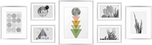 Golden State Art, Aluminum Gallery Wall Frame Set of 7 - Includes One 11x14, Two 8x10, and Four 5x7 - Metal Frames with Mat & Real Glass Cover for Elegant Home or Office Decor (Style 2, Silver)