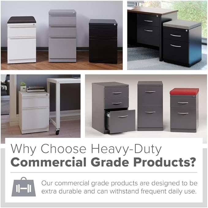 Hirsh Industries 3-Drawer Metal Mobile Pedestal, 20" Deep Box/Box/File Configuration, Black Finish, 27.75" H x 15" W x 19.88" D, Locking File Cabinet with Hidden Casters, Office Storage Solution