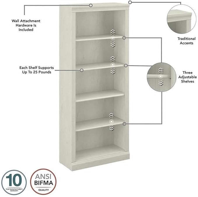 Bush Home Saratoga Tall 5 Shelf Bookcase in Linen White Oak, Home Office Organizer, Vertical Storage Solution for Books and Office Supplies, Tall Bookshelf