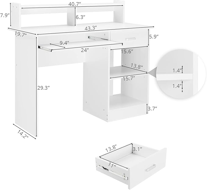 Karl home Computer Desk Study Writing Desk, PC Laptop Table Wooden Home Office Workstation with Drawer Shelf Keyboard Tray, White