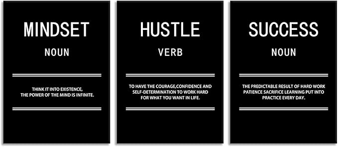 Mindset Hustle Success Inspirational Canvas Wall Art Office 3 Panel Print Motivational Poster Painting Modern Inspiring Artwork for Home Living Room BedRoom Gym Decor Ready to Hang [36''Wx 16''H]