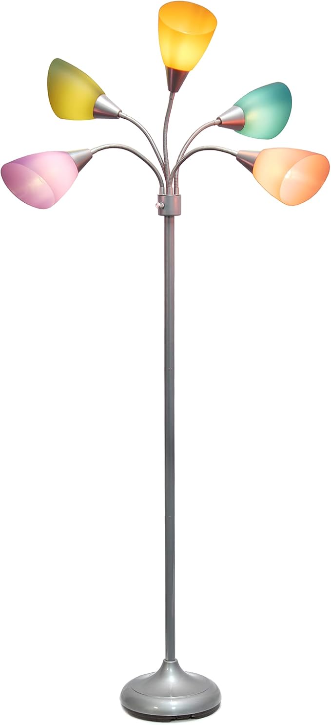 Simple Designs LF2006-SLM 67" Contemporary Multi Head Medusa 5 Light Adjustable Gooseneck Silver Floor Lamp with Fun Light Multicolored Shades for Kids Bedroom Playroom Living Room Office