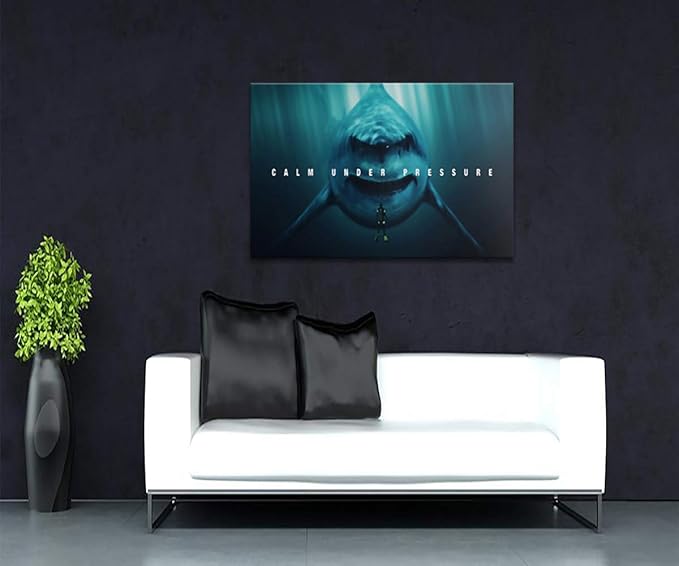 Life Office Motivational Poster Wall Art Calm Under Pressure Shark Seascape Explore Picture Oil Painting on Canvas Wood Framed Modern Gallery Art Living Bedroom Home Office Wall Decor-36''Wx24''H