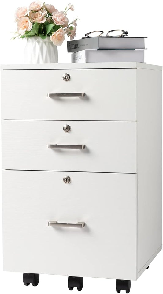 Bonnlo 26" H 3 Drawer File Cabinet with Lock, Rolling File Cabinet Under Desk, Mobile File Cabinets for Home Office, Wood White File Cabinet Printer Stand for Letter Size Hanging/Manila File Folders