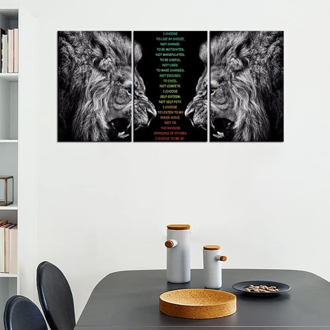 Motivational 3 Pieces Lion Wall Art for Office Inspirational I Choose Poster Inspirational Canvas Painting Prints Wall Pictures for Living Room Home Decor Framed Artwork [48''Wx 24''H]