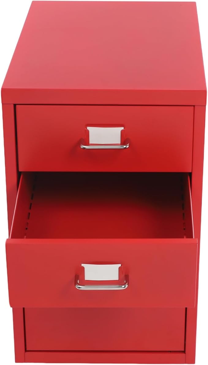Filing Cabinet with 3 Drawers, Mobile Filing Cabinet with Practical Label Slot, 16 * 11 * 18.9 in Metal Storage Cabinet with Wheels for Home and Office (Red)