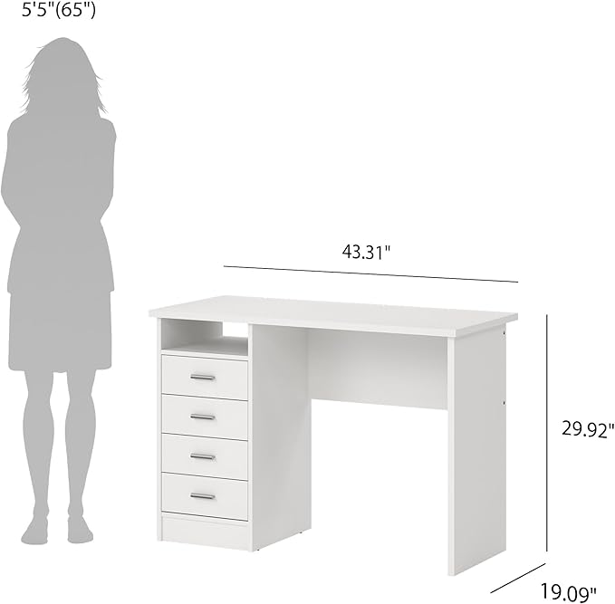 Tvilum 4-Drawer Desk, Modern White Office Writing Desk with Storage, Compact and Functional Desk for Home or Office