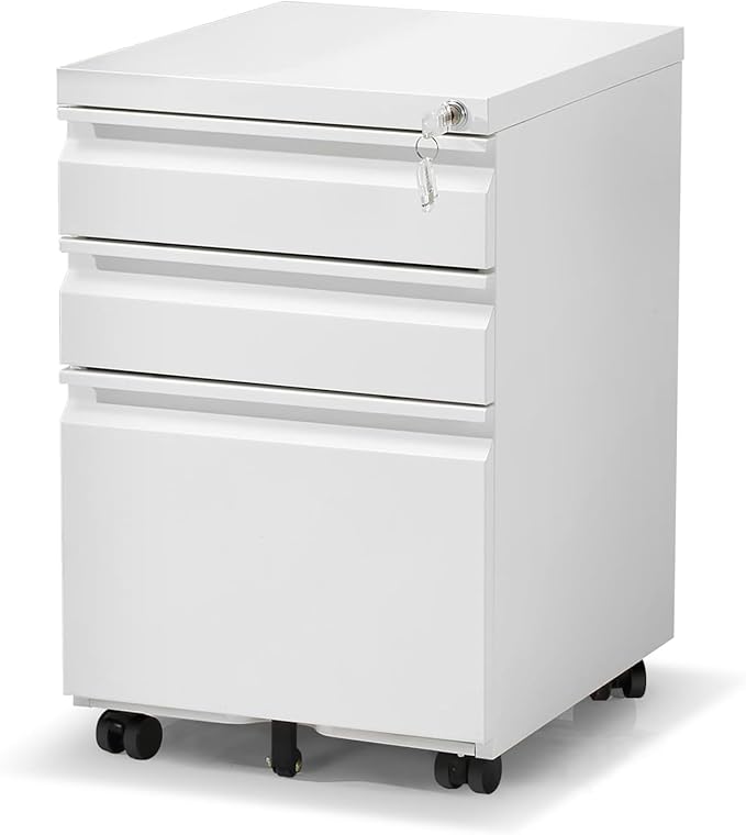 Filing Cabinet 3 Drawer, Locking File Cabinets for Home Office, Mobile Filing Cabinet for A4/Letter/Legal Size File Folders, Fully Assembled, Matte White