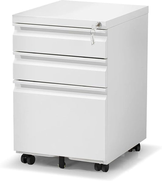 Filing Cabinet 3 Drawer, Locking File Cabinets for Home Office, Mobile Filing Cabinet for A4/Letter/Legal Size File Folders, Fully Assembled, Matte White