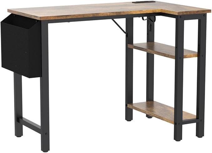 Lufeiya Small L Shaped Desk with Power Outlet Shelves, 40 Inch Reversible Corner Desk for Small Space Home Office, L-Shaped Computer Desk PC Desks with Charging Station, Rustic Brown
