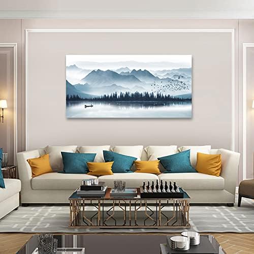 arteWOODS Indigo Canvas Wall Art Misty Mountain Wall Pictures Foggy Lake Boat Painting Print Blue Forest Birds Artwork Wall Decor for Living Room Wall Decorations Framed Ready to Hang 29" x 58"