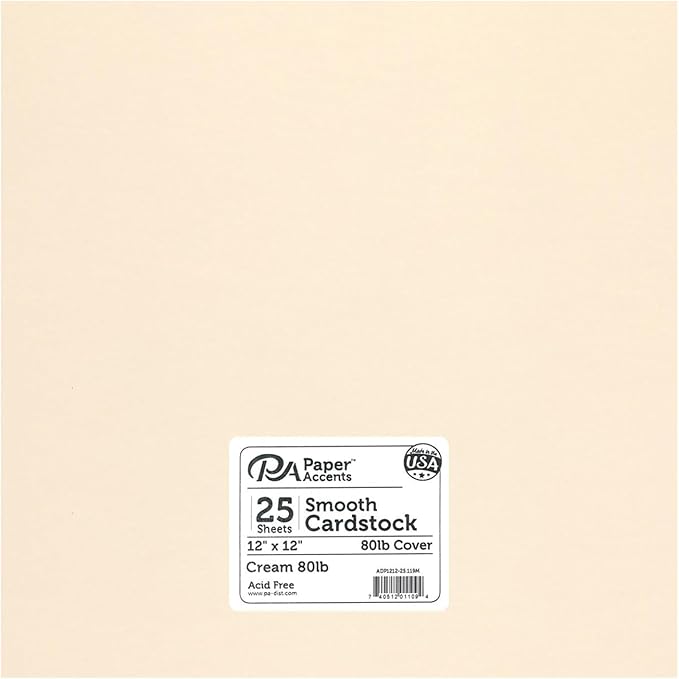 PA Paper Accents Smooth Cardstock 12" x 12" Cream, 80lb 80lb Colored Cardstock Paper for Card Making, Scrapbooking, Printing, Quilling and Crafts, 25 Piece Pack