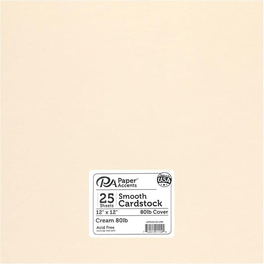PA Paper Accents Smooth Cardstock 12" x 12" Cream, 80lb 80lb Colored Cardstock Paper for Card Making, Scrapbooking, Printing, Quilling and Crafts, 25 Piece Pack