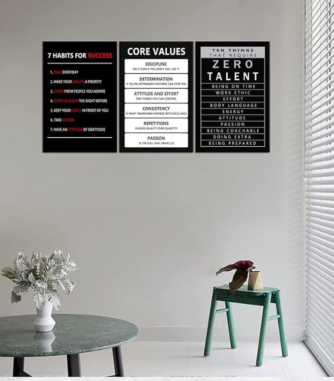 Inspirational Canvas Core Values Wall Art 3 Pieces Poster Motivational Ten Things That Require Zero Talent Canvas Artwork Picture Print Framed for Home Office Living Room Gym Wall Decor [48''Wx 24''H]
