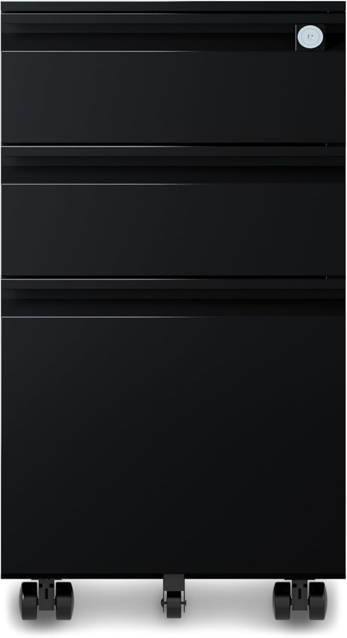 3-Drawer 15.4" W Classic File Cabinet with Lock, Metal Filling Cabinets Suits Legal/Letter Size for Home Office, Fully Assembled Except Wheels, Grey (3-Drawer Widen, Black)