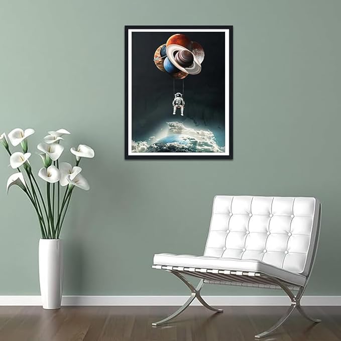 Space Framed Canvas Print Wall Art, Astronaut with Floating Planet, Galaxy Canvas Print, Modern Game Room Decor, Boys Room Decoration Ready to Hang, 12.5x16.5 Inches