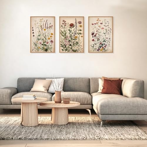 Vintage Wildflower Watercolor Framed Canvas Wall Art Set, Retro Flower Botanical Wall Decor, Colorful Floral Wall Painting, Flower Illustration Art Prints for Living Room, Bedroom 24"x36"x3