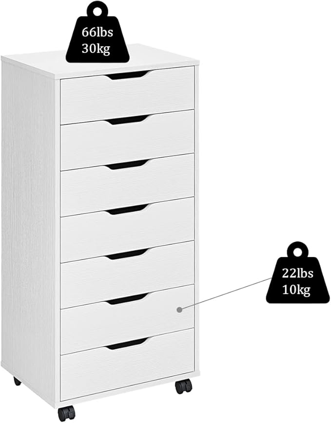 Panana 7 Drawer Mobile File Cabinet, Wooden Under Desk Storage with Wheels Office Organization Vertical Filing Chest of Drawers for Home Office (White)