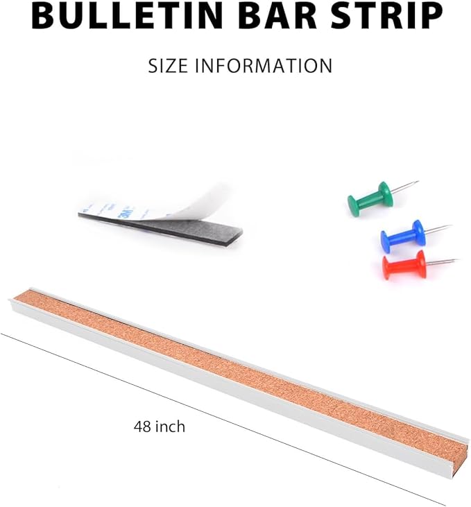 Corksidol Bulletin Bar Strip, Cork Board, Cork Strips, 48" x 1", Classroom, Office, Walls, Cubicle, Aluminum Frame,5 Pack, Silver