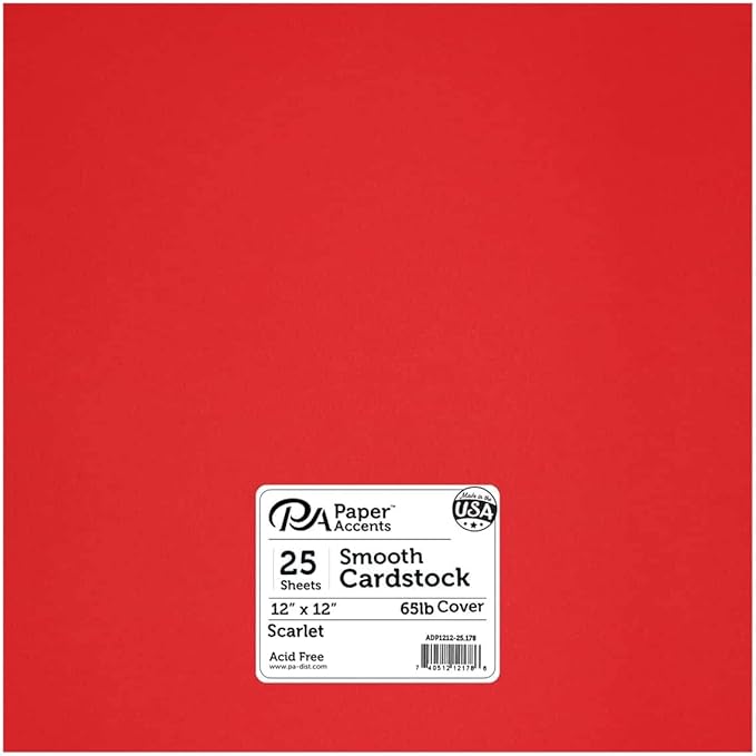 PA Paper Accents Smooth Cardstock 12" x 12" Scarlet, 65lb colored cardstock paper for card making, scrapbooking, printing, quilling and crafts, 25 piece pack