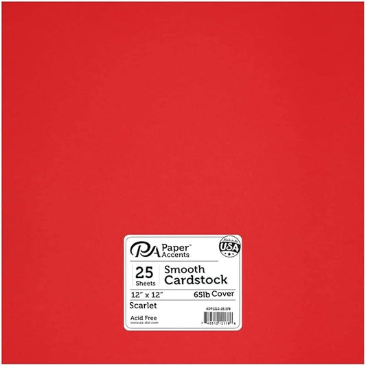 PA Paper Accents Smooth Cardstock 12" x 12" Scarlet, 65lb colored cardstock paper for card making, scrapbooking, printing, quilling and crafts, 25 piece pack